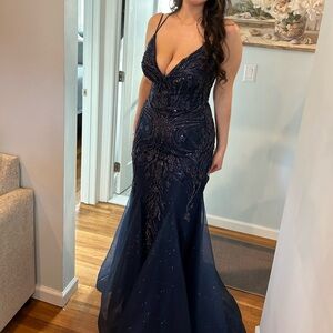 Elegant Navy Beaded Evening Gown - Women Dresses